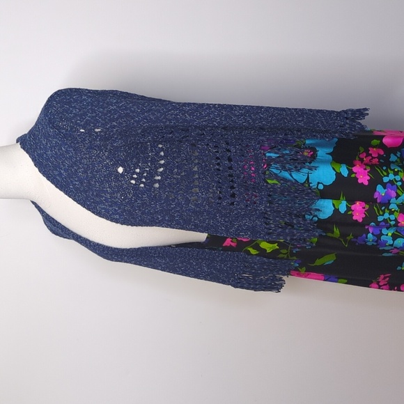 525 America NWT Fringe Cardigan Open Knit Sweater In Navy Combo - Picture 13 of 14